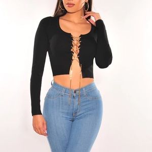 Black Ribbed Knit Gold Lace Up Long Sleeve Crop